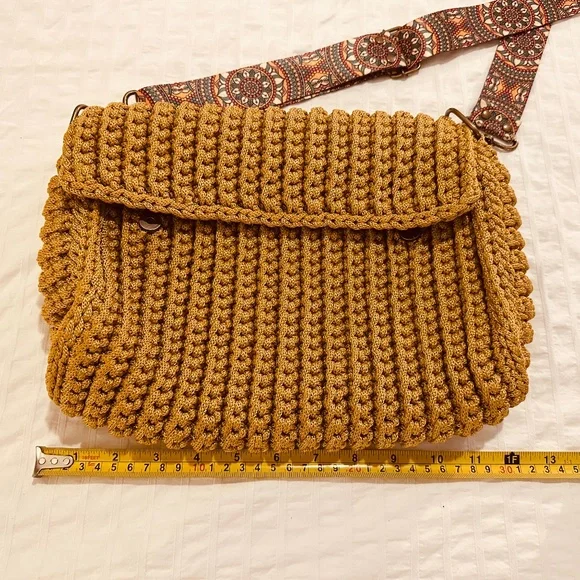 Crossbody Handmade Crochet Woven Khaki Bag NWOT - Picture 15 of 16